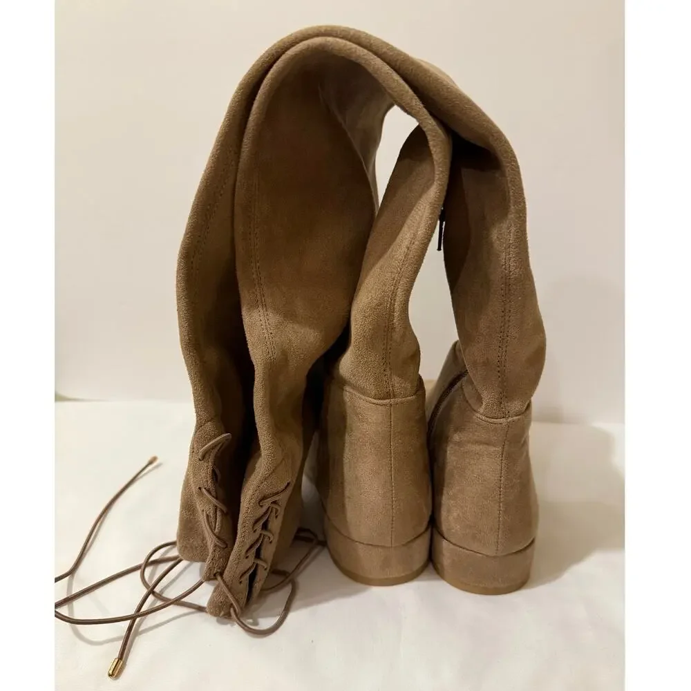 Chinese Laundry King Tan Taupe Suede Over The Knee OTK Tie Top Boots 6.5 NWOB